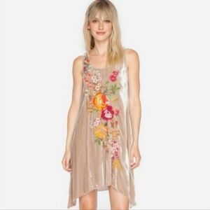 Johnny Was Velvet Dress Tan Sleeveless Tunic Floral Embroidered Size Medium